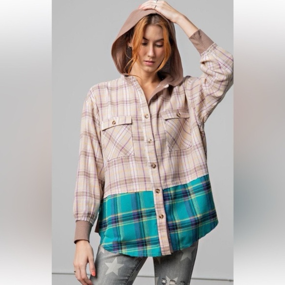 Easel | Color Block Hooded Flannel Shirt